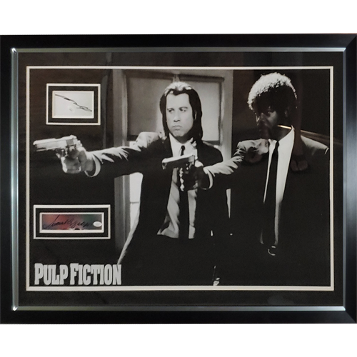 Pulp Fiction Duo with Guns Full-Size Movie Poster Deluxe Framed with John Travolta And Samuel L. Jackson Autographs - JSA