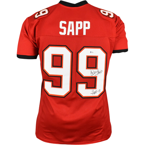 Warren Sapp Autographed Tampa Bay (Red #99) Custom Jersey w/ "HOF 13" - Beckett