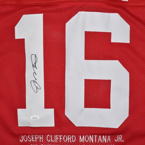 Joe Montana Autographed San Francisco (Red #16) Custom STAT Jersey - JSA