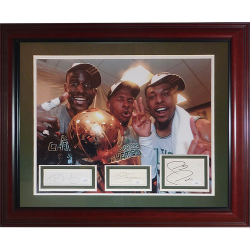 Kevin Garnett, Ray Allen, Paul Pierce Autographed Boston Celtics (NBA Finals Celebration) Deluxe Framed 16x20 Piece - JSA