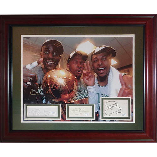 Kevin Garnett , Ray Allen , Paul Pierce Autographed Boston Celtics (NBA Finals Celebration) Deluxe Framed 16x20 Piece - JSA
