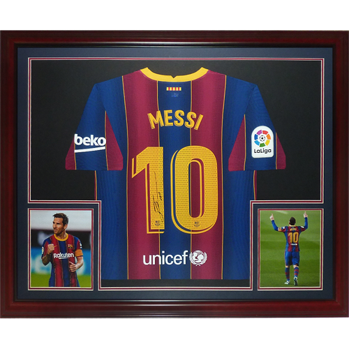 Lionel Messi Autographed FC Barcelona (20-21 Home #10) Deluxe Framed Soccer Jersey - Icons COA