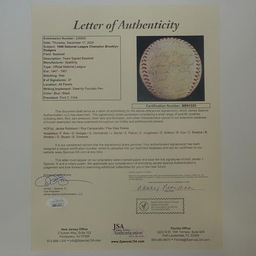 1949 Brooklyn Dodgers Team Autographed Spading Baseball w/ Jackie Robinson, Roy Campanella, Pee Wee Reese - JSA Letter