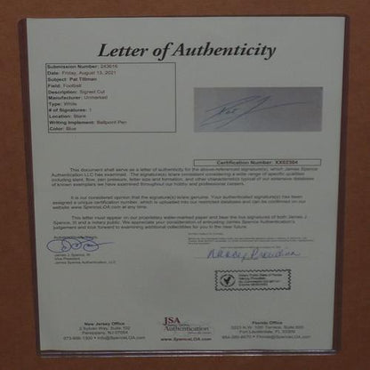 Pat Tillman Autographed Arizona Cardinals Deluxe Framed 16x20 Photo Piece with Authentic Signature - JSA Letter