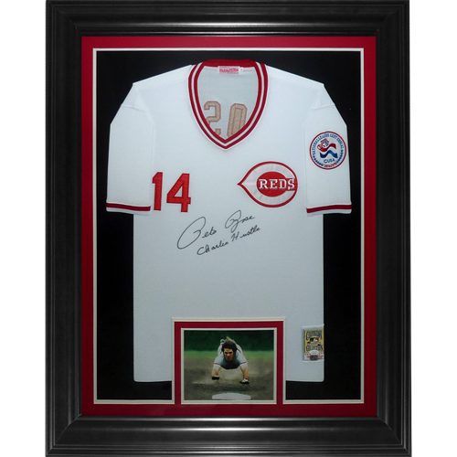Pete Rose Autographed Cincinnati Reds (White Mitchell And Ness) Deluxe  Framed Jersey w/ Charlie Hustle - JSA