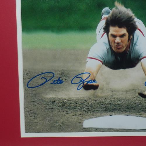 Pete Rose Autographed Cincinnati Reds (Head First Slide) Deluxe Framed 11x14 Photo w/ Charlie Hustle - JSA