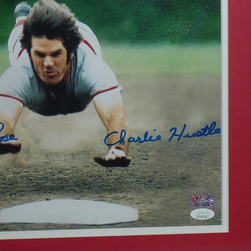 Pete Rose Autographed Cincinnati Reds (Head First Slide) Deluxe Framed 11x14 Photo w/ Charlie Hustle - JSA