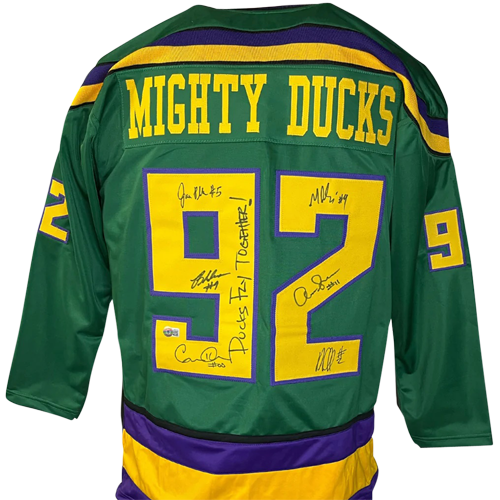 The Mighty Ducks Cast Autographed White Hockey Jersey w/ 'Quack Quack —  Elite Ink