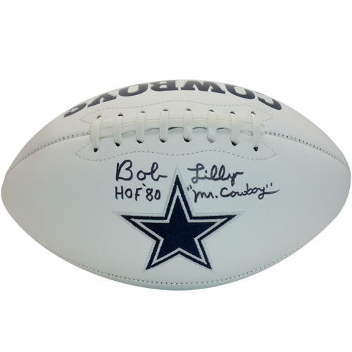 Bob Lilly Autographed Dallas Cowboys Logo Football w/ HOF 80, Mr. Cowboy - JSA