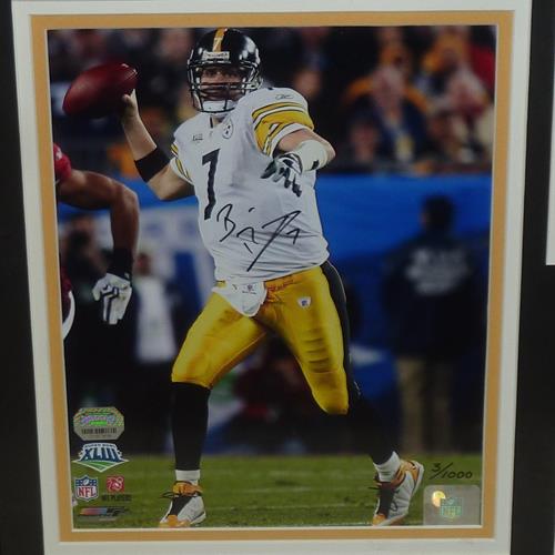 Ben Roethlisberger Autographed Pittsburgh Steelers Deluxe Framed 8x10 Photo w/ Game-Used Football Piece - Mounted Memories