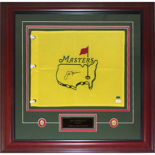 Jack Nicklaus Autographed Undated Masters Golf Pin Flag Deluxe Framed with Nameplate and Ball Markers