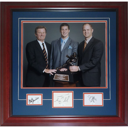 Steve Spurrier, Danny Wuerffel And Tim Tebow Autographed Florida Gators Heisman Deluxe Framed 16_20 Photo with Cut Signatures - JSA