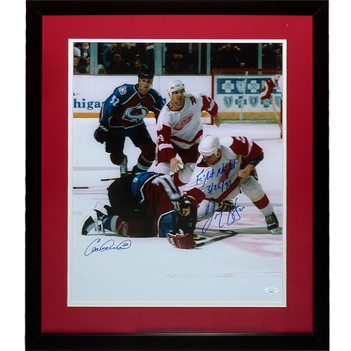 Darren McCarty And Claude Lemieux Autographed Detroit Red Wings (Fighting) Deluxe Framed 16x20 w/ Fight Night - JSA