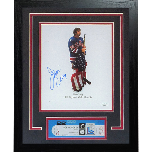 Jim Craig Autographed 1980 USA Hockey Deluxe Framed 8x10 Photo w/ Replica Olympics Ticket - JSA