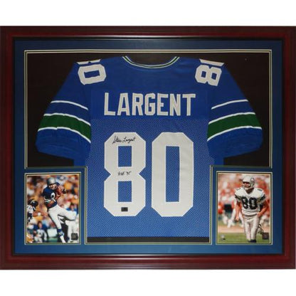 Steve Largent Autographed Seattle Seahawks (Blue #80) Deluxe Framed Jersey w/ "HOF 95"