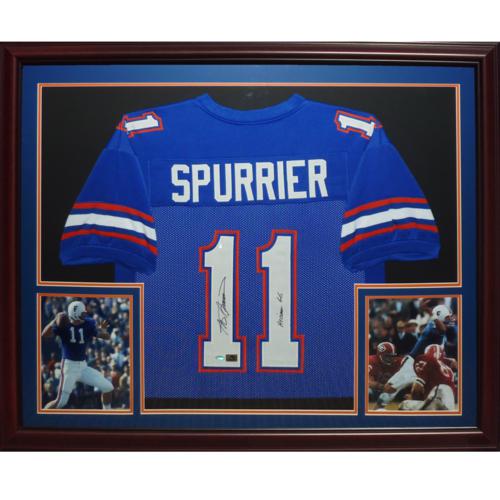 Steve Spurrier Autographed Florida Gators (Blue #11) Deluxe Framed Jersey w/ "Heisman 66"