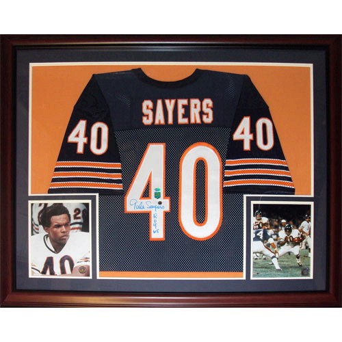 Gale Sayers Autographed Chicago Bears (Blue #40) Deluxe Framed Jersey w/ "HOF 77"