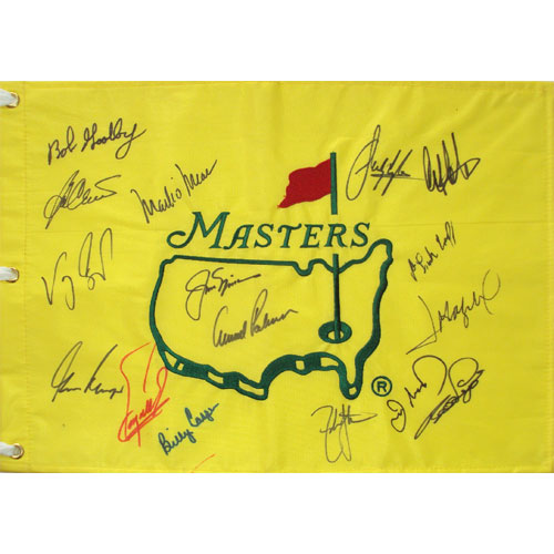 Masters Golf Pin Flag Autographed by 15 Former Champions #18