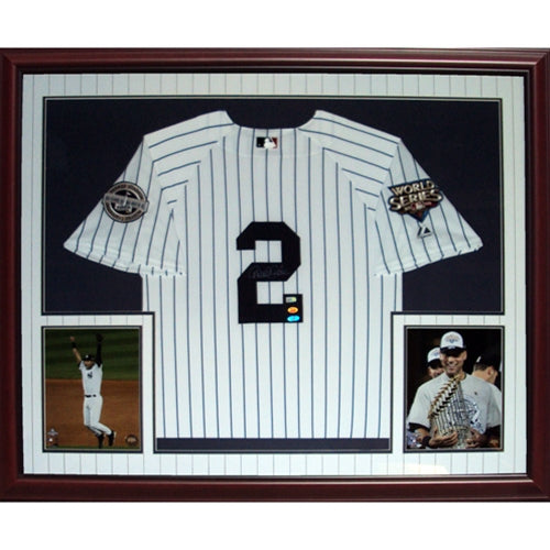 Derek Jeter Autographed New York Yankees (Pinstripe #2 2009 World Series Patches) Deluxe Framed Jersey - Steiner