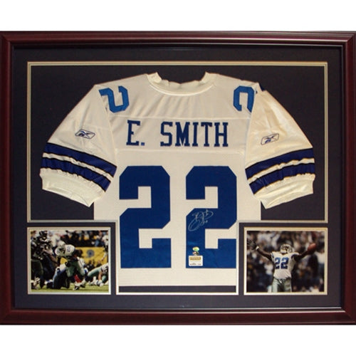 Emmitt Smith Autographed Dallas Cowboys (White #22) Deluxe Framed