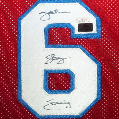 Julius Erving Autographed Philadelphia 76ers (Red #6) Deluxe Framed Jersey w/ "Dr. J"
