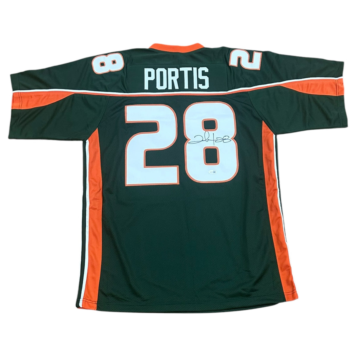Clinton Portis Autographed Miami Hurricanes (Green #28) Custom Jersey - JSA