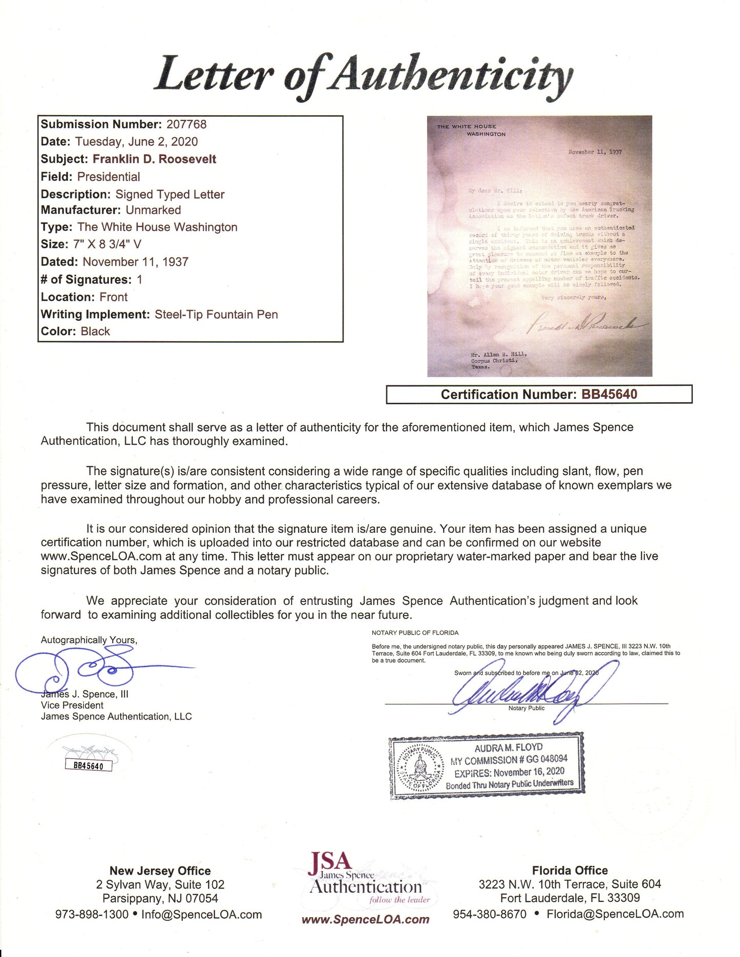 President Franklin D Roosevelt Autographed The White House Signed Typed Letter - JSA Letter