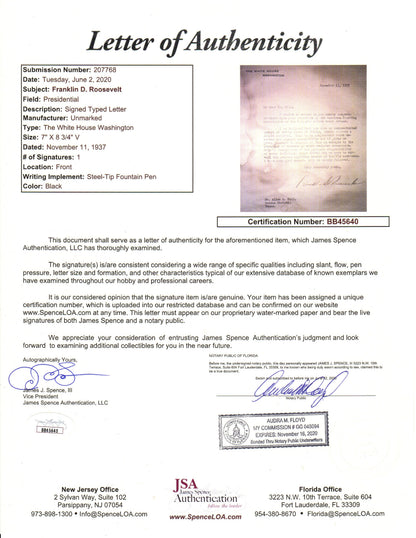 President Franklin D Roosevelt Autographed The White House Signed Typed Letter - JSA Letter