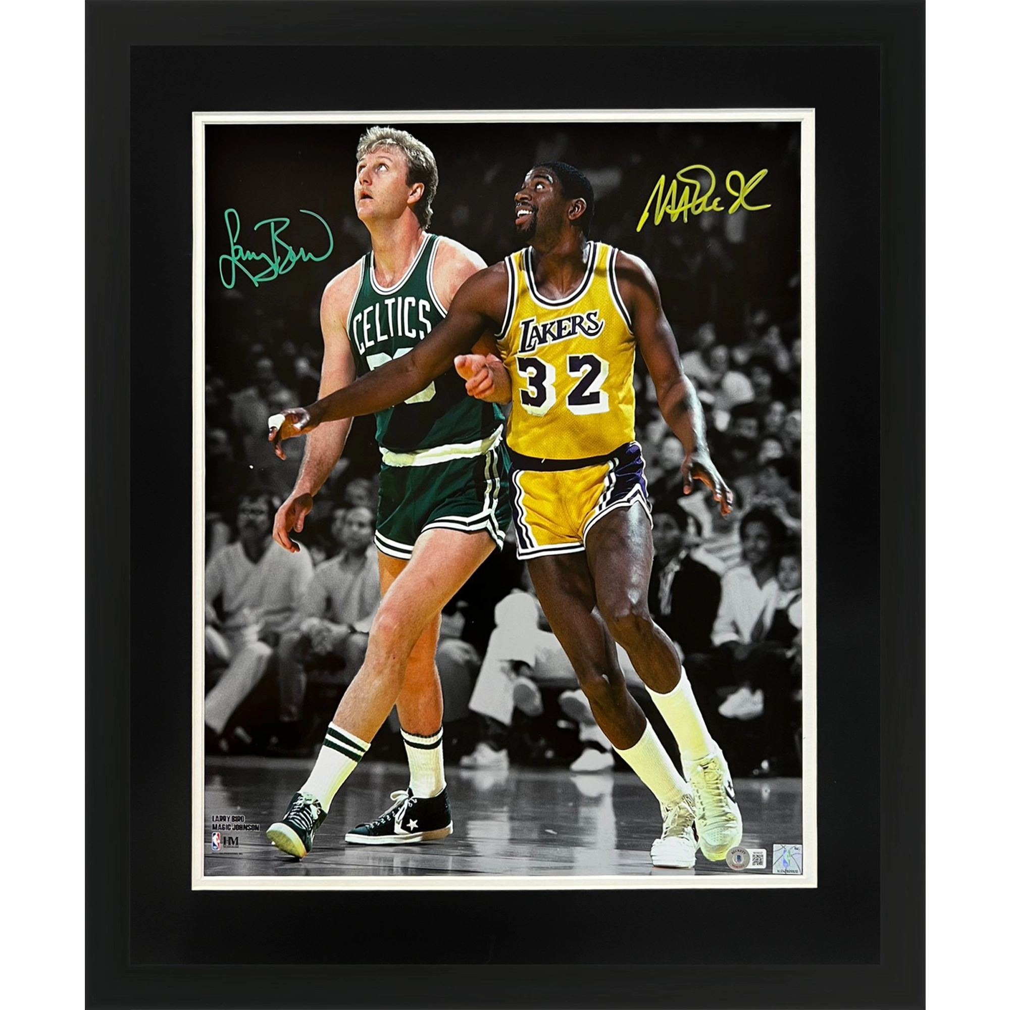 Larry Bird and Magic Johnson Dual Autographed Deluxe Framed 16x20 Photo - Beckett Witness