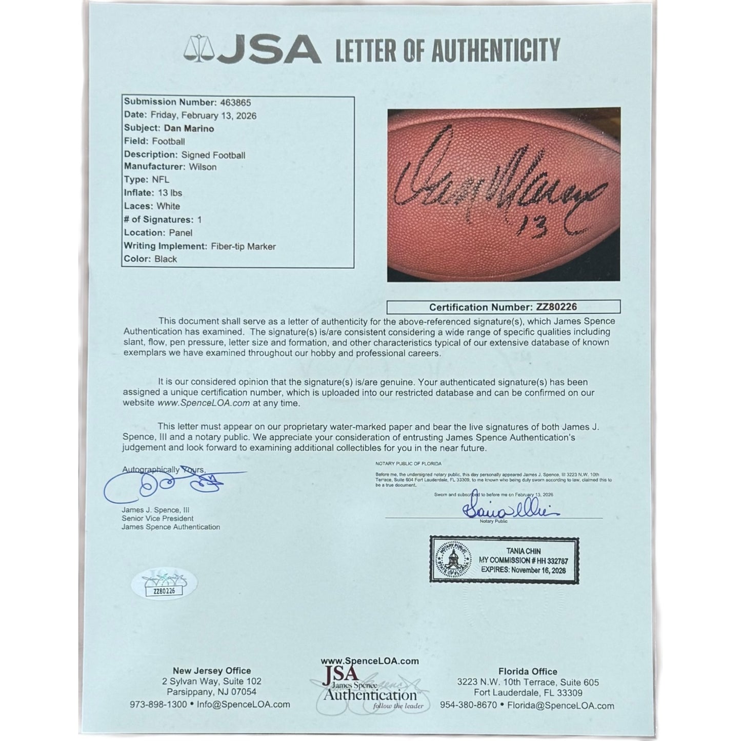 Dan Marino Autographed Wilson Replica NFL Football - JSA