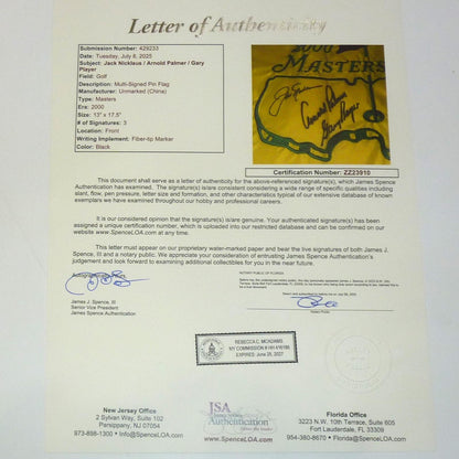 Jack Nicklaus, Arnold Palmer And Gary Player Autographed Masters Golf Pin Flag in Center - JSA Full Letter