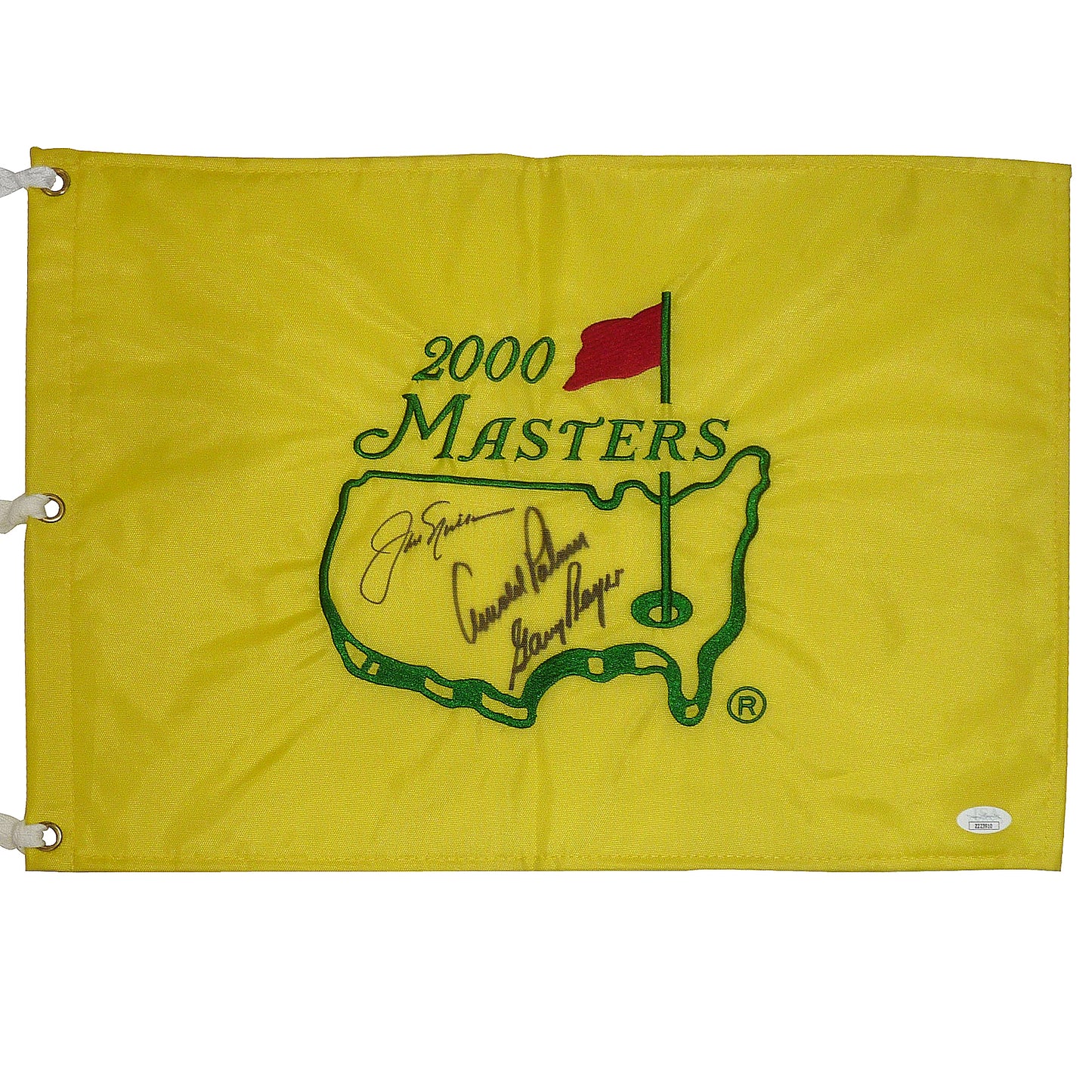 Jack Nicklaus, Arnold Palmer And Gary Player Autographed Masters Golf Pin Flag in Center - JSA Full Letter