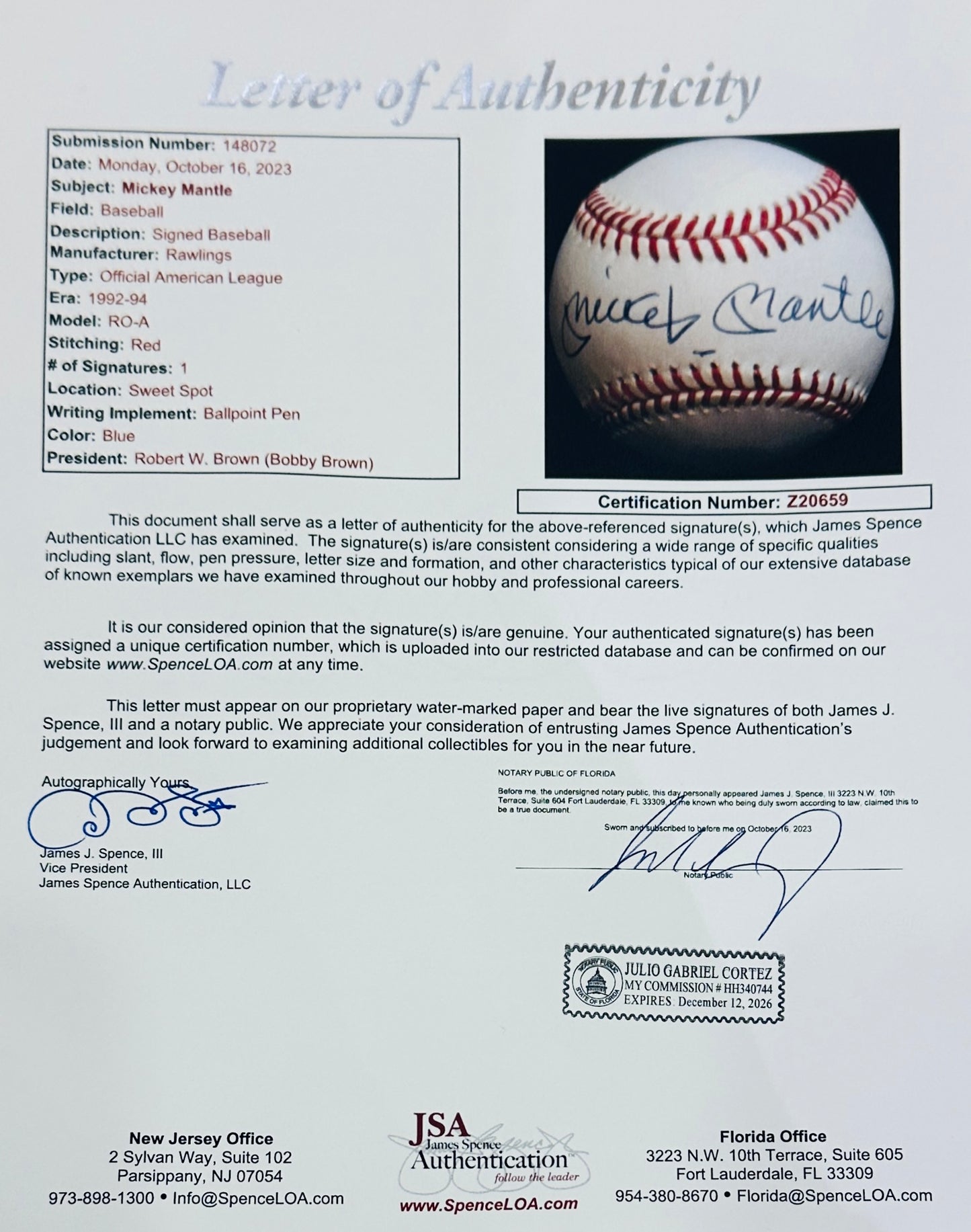 Mickey Mantle Autographed Official AL Baseball - JSA Z20659