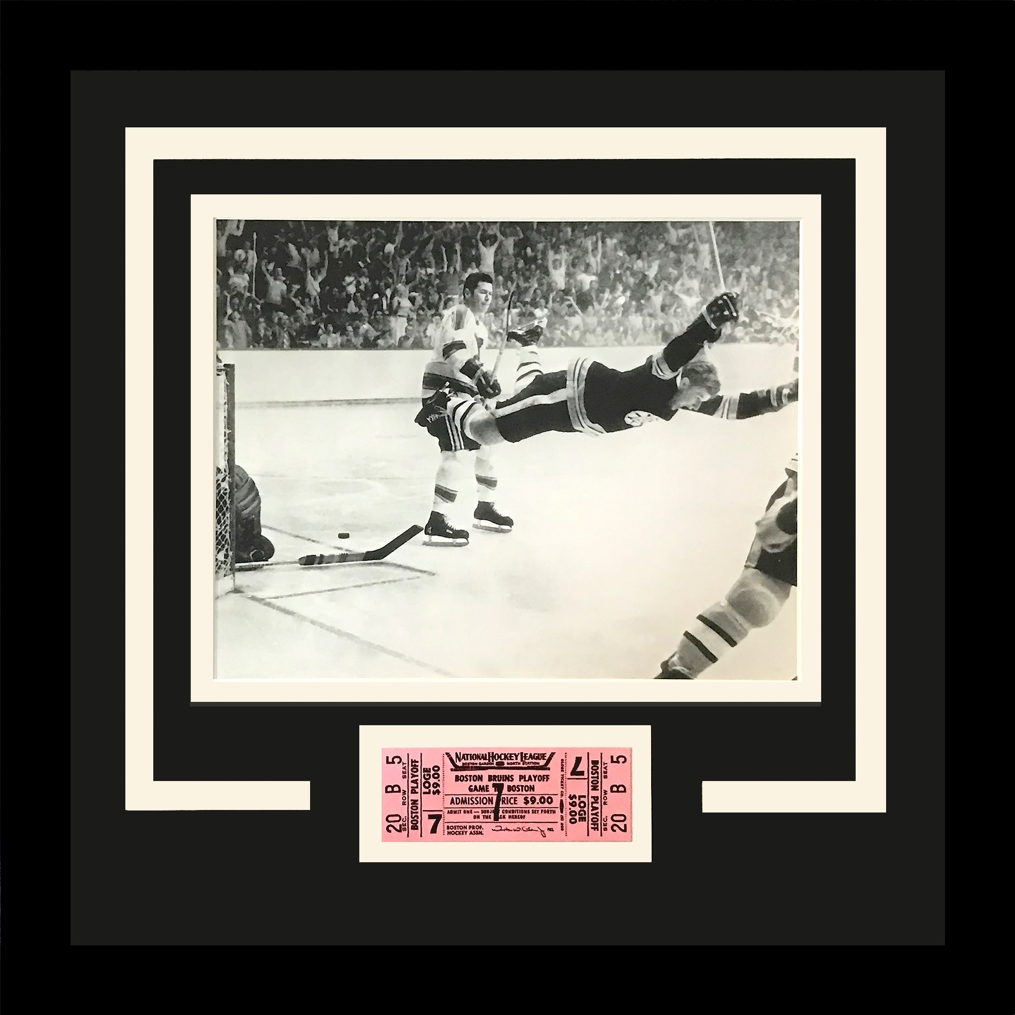 Bobby Orr Flying Goal 8x10 Photo Deluxe Framed with Replica Game Ticket