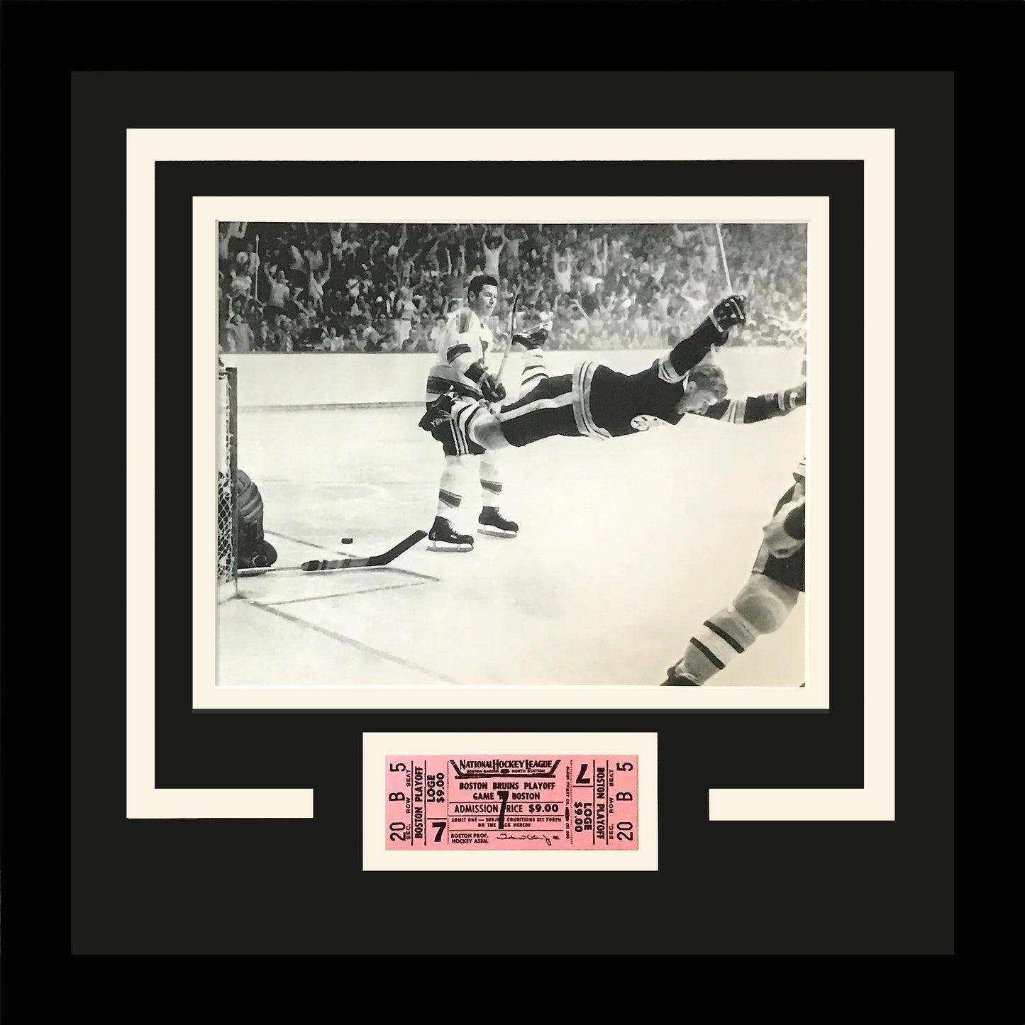 Bobby Orr Flying Goal 8x10 Photo Deluxe Framed with Replica Game Ticket