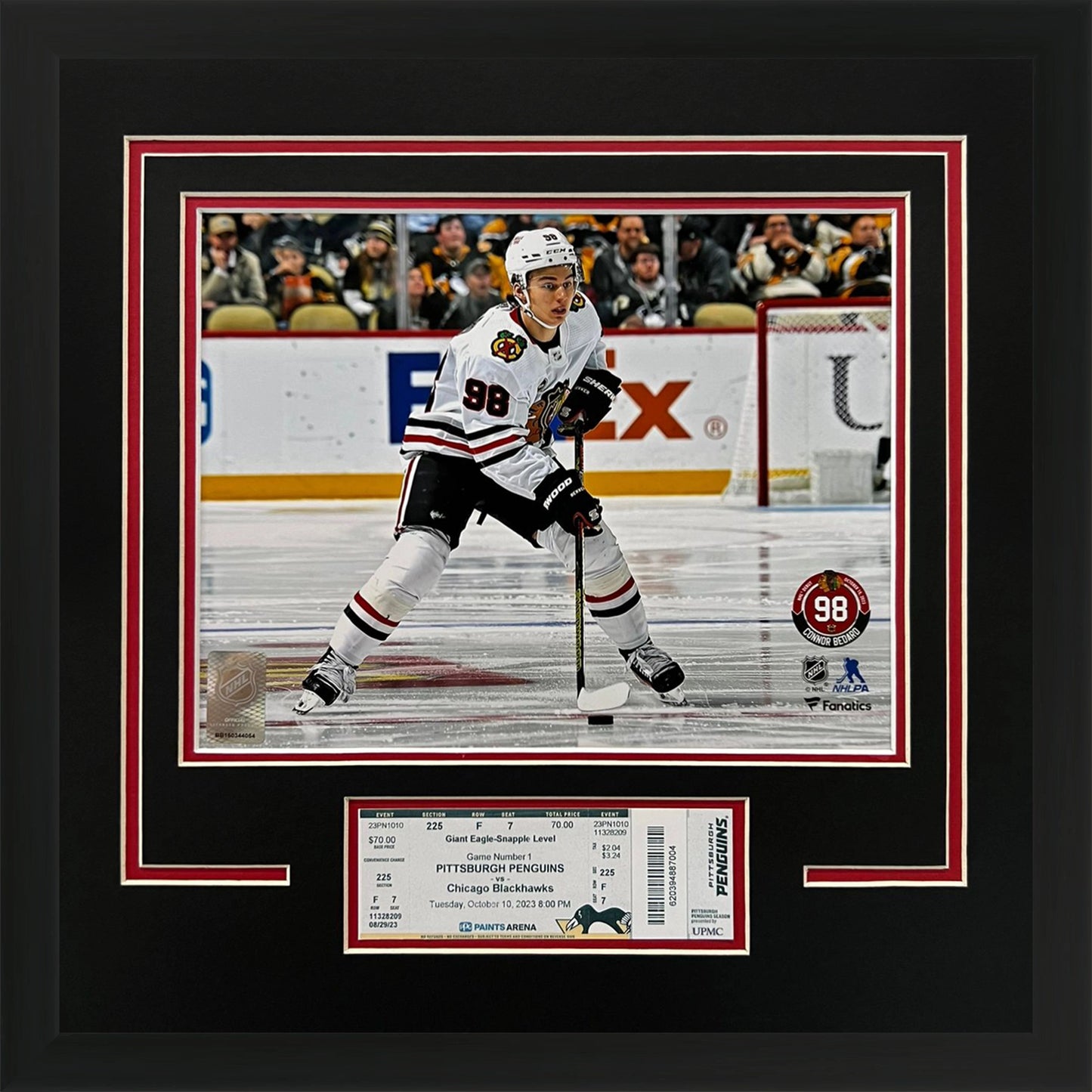 Connor Bedard Chicago Blackhawks 1st NHL Game 8x10 Photo Deluxe Framed with Replica Ticket Stub