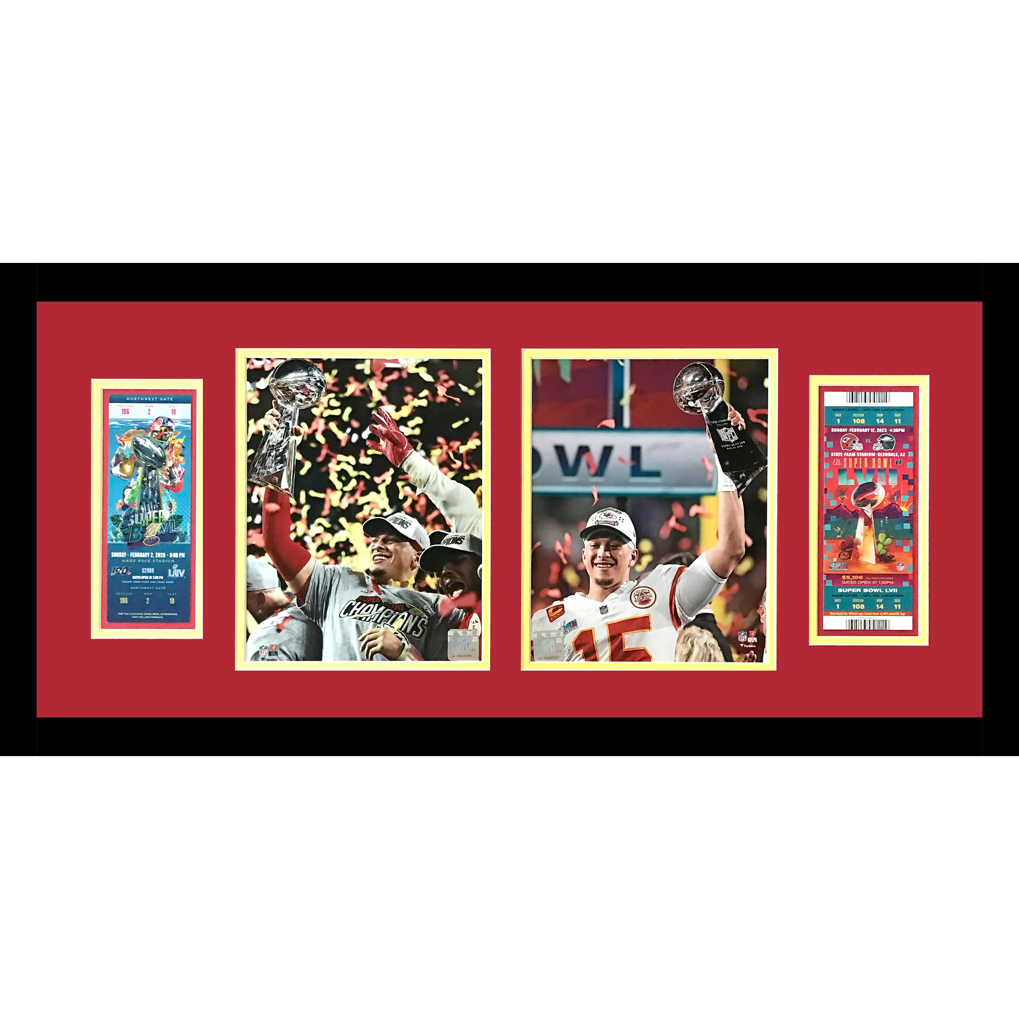 Patrick Mahomes Super Bowl LIV and LVII Kansas City Chiefs 8x10 Photos Deluxe Framed with Replica Game Tickets