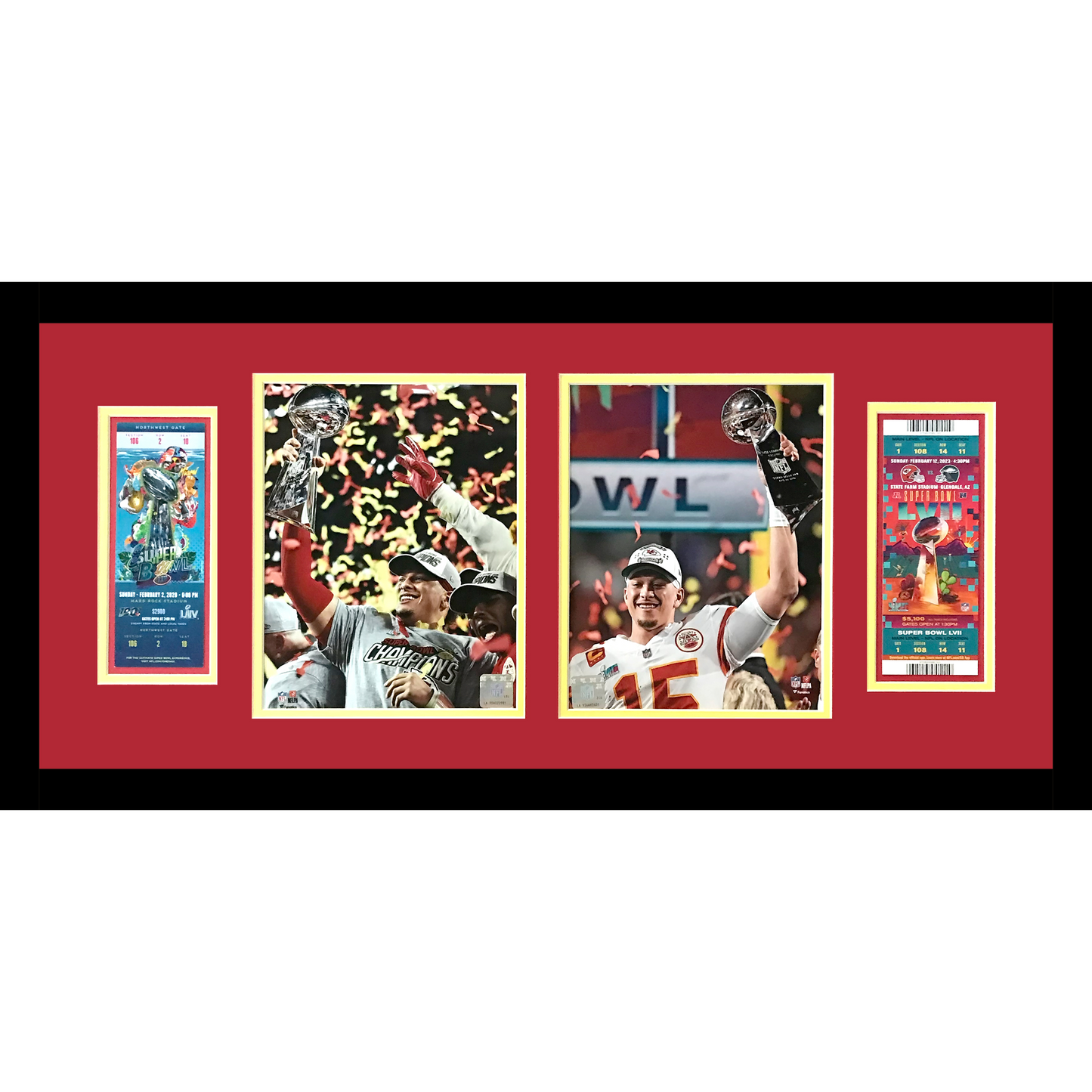 Patrick Mahomes Super Bowl LIV and LVII Kansas City Chiefs 8x10 Photos Deluxe Framed with Replica Game Tickets