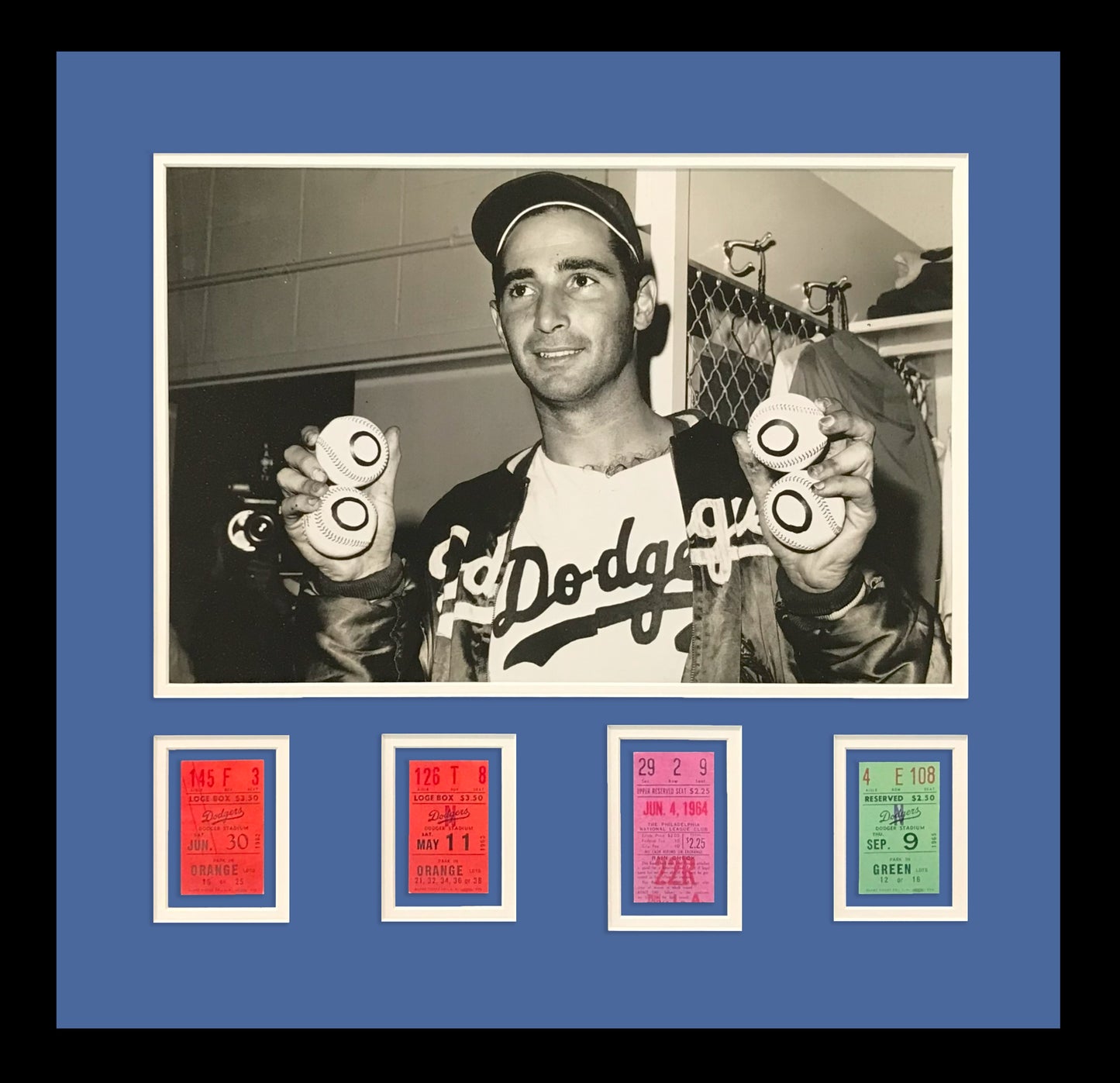 Sandy Koufax 4 No-Hitters Los Angeles Dodgers Photo Deluxe Framed with all 4 Replica Game Tickets