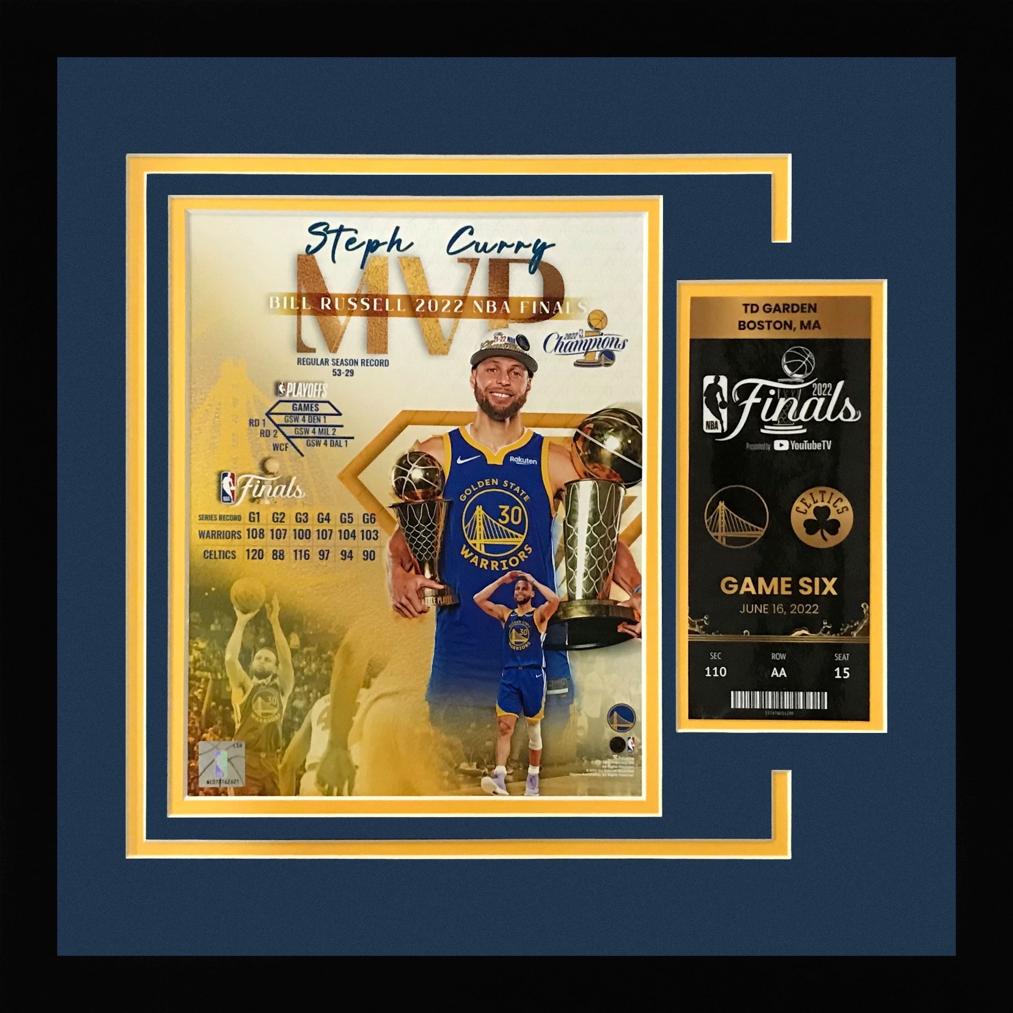 Stephen Curry 2022 NBA Finals Golden State Warriors 8x10 Photo Deluxe Framed with Replica Game Ticket
