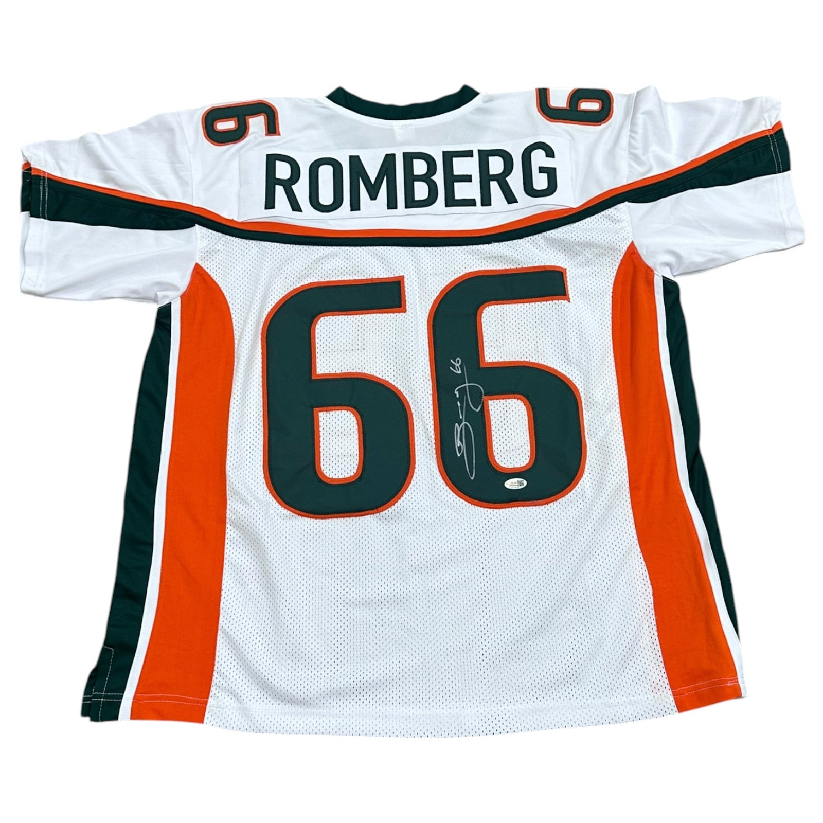 Brett Romberg Autographed Miami Hurricanes (White #66) Custom Stitched Jersey - JSA