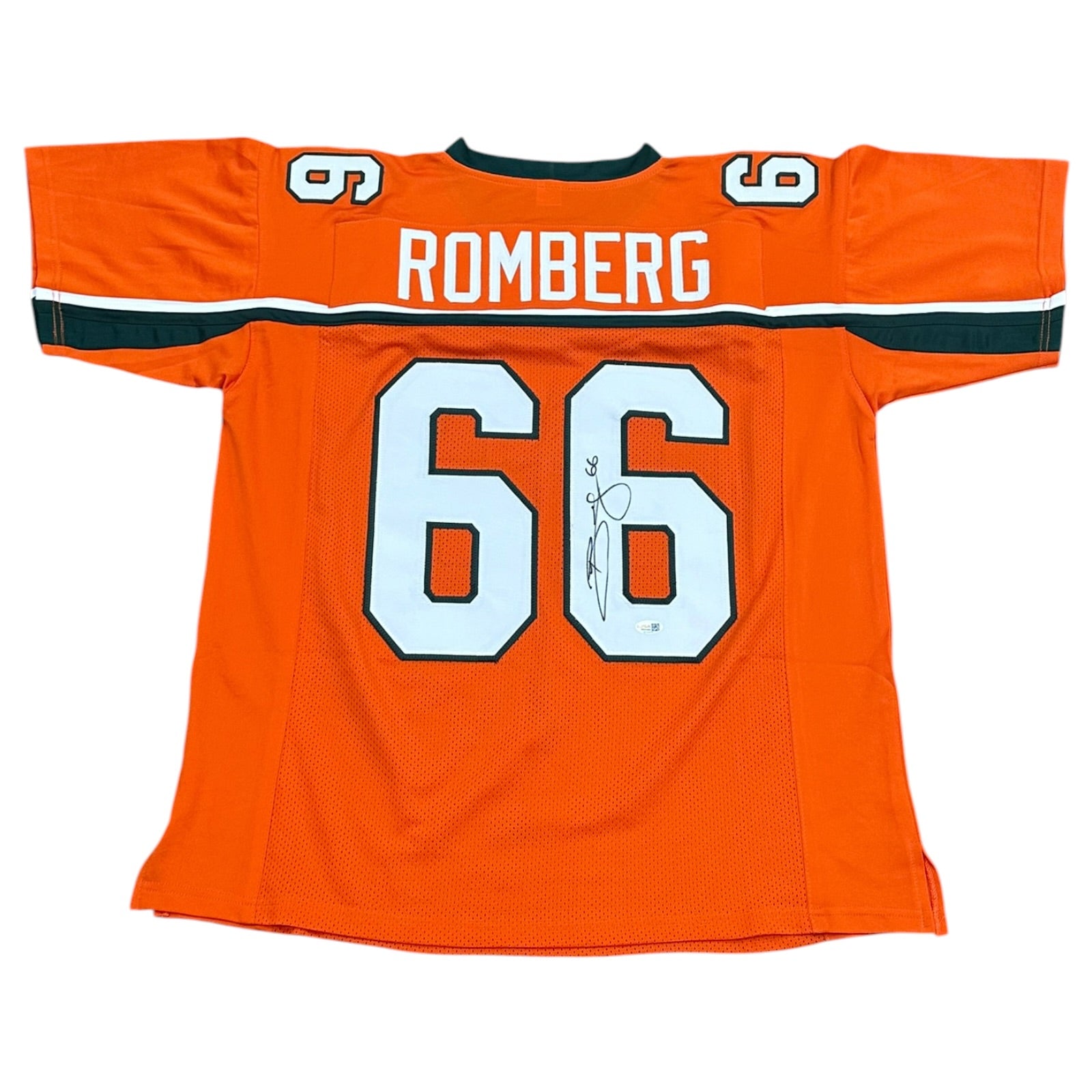 Brett Romberg Autographed Miami Hurricanes (Orange #66) Custom Stitched Jersey - JSA