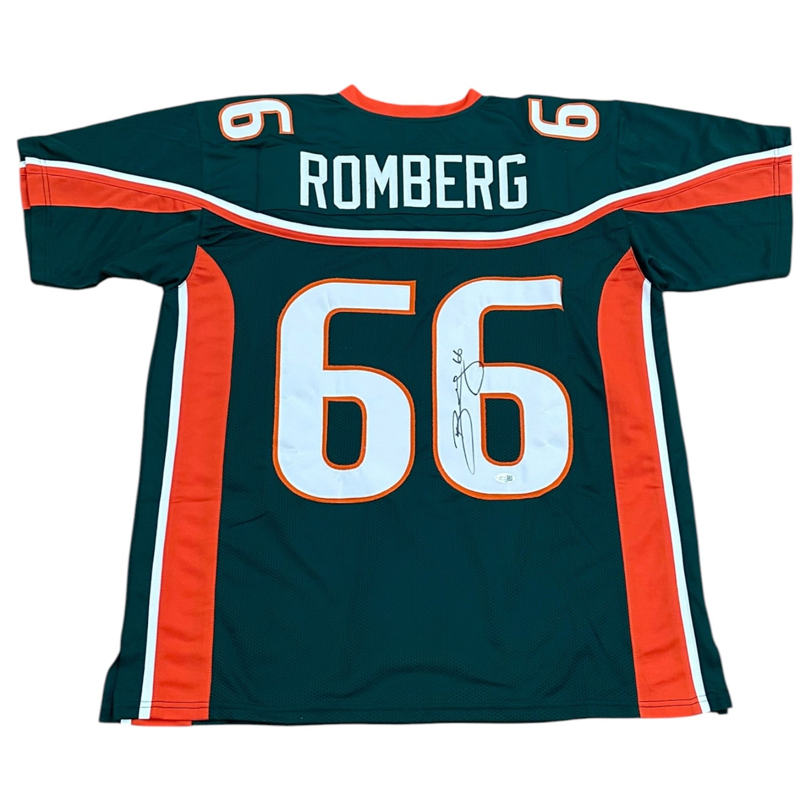 Brett Romberg Autographed Miami Hurricanes (Green #66) Custom Stitched Jersey - JSA