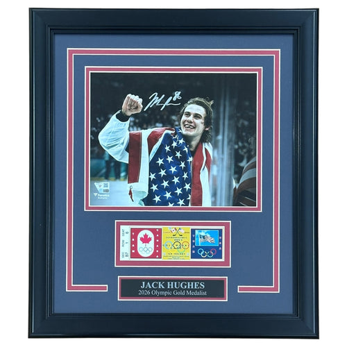Jack Hughes Autographed Team USA Hockey 2026 Olympics Deluxe Framed 8x10 Photo w/ Replica Gold Medal Game Ticket- JSA