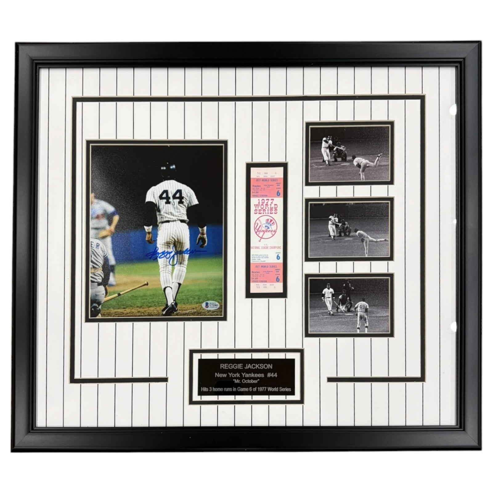 Reggie Jackson Autographed New York Yankees (3 WS HR) Deluxe Framed 8x10 Photo with 1977 World Series Replica Ticket Stub - Beckett