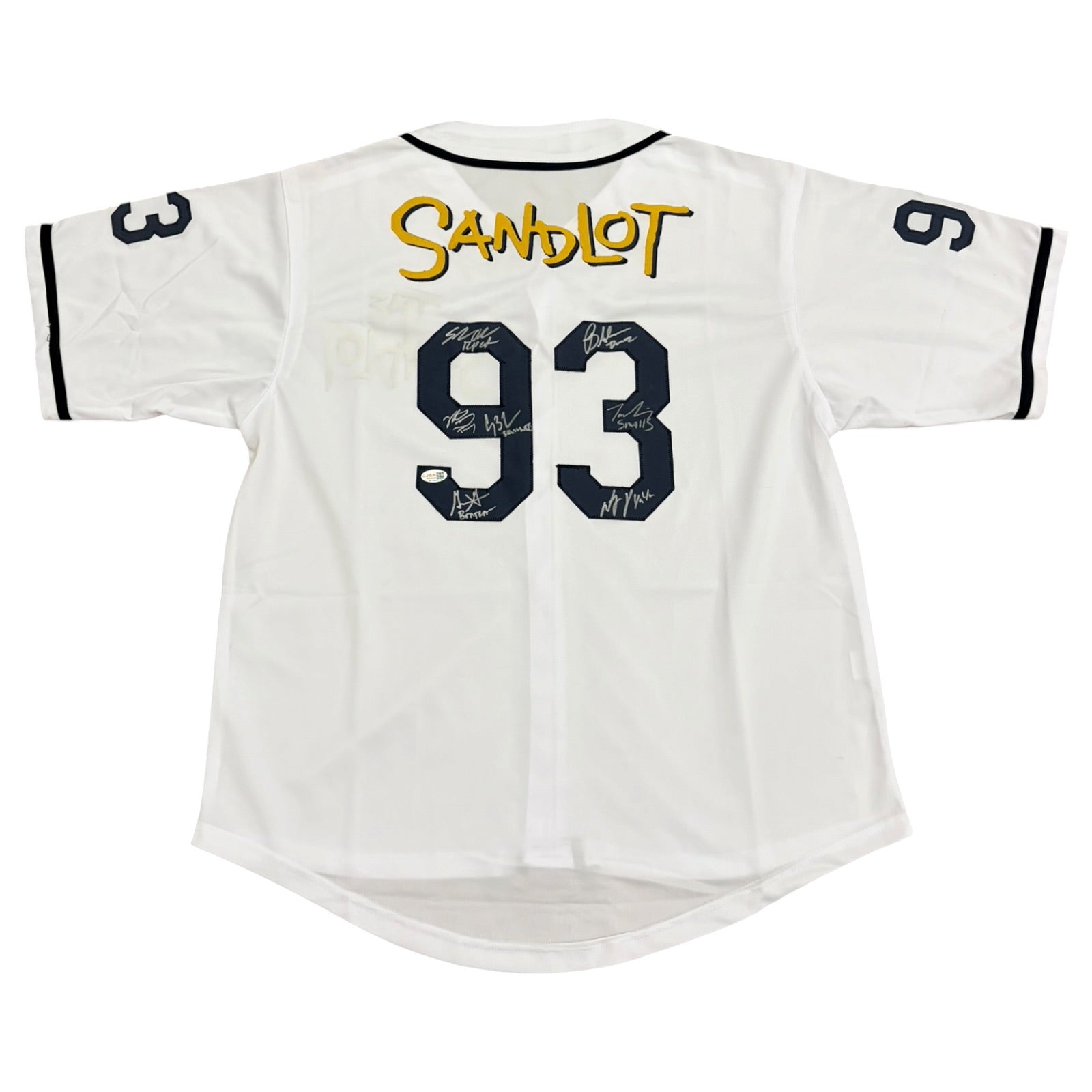 The Sandlot Cast Autographed (White #93) Custom Baseball Jersey - 7 Signatures - JSA