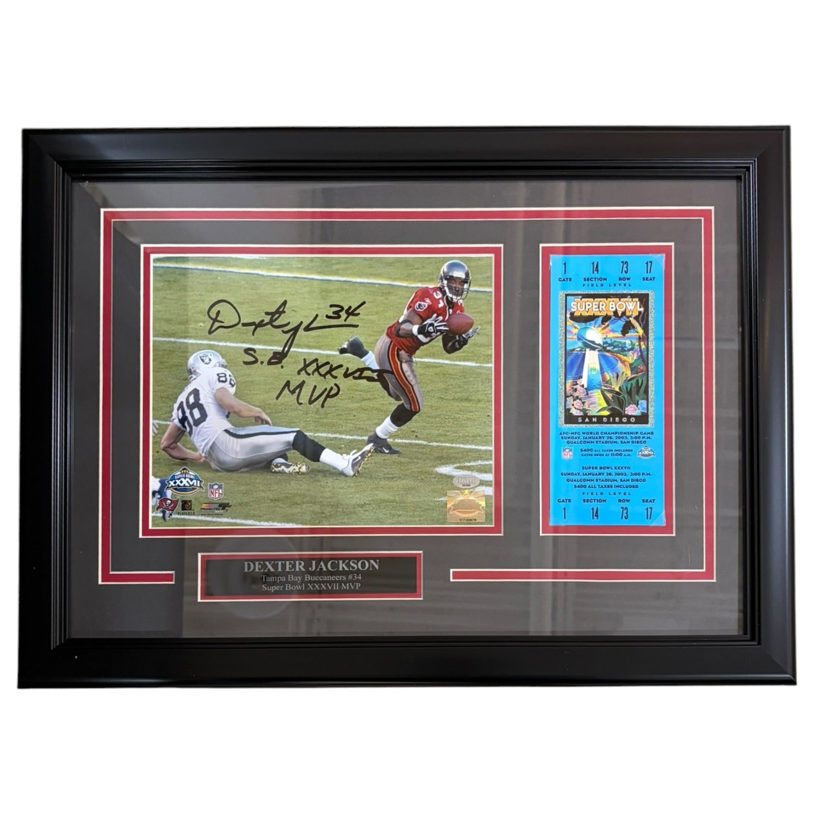 Dexter Jackson Autographed Tampa Bay Buccaneers Framed 8x10 Photo with Replica Super Bowl Ticket and SB XXXVII MVP