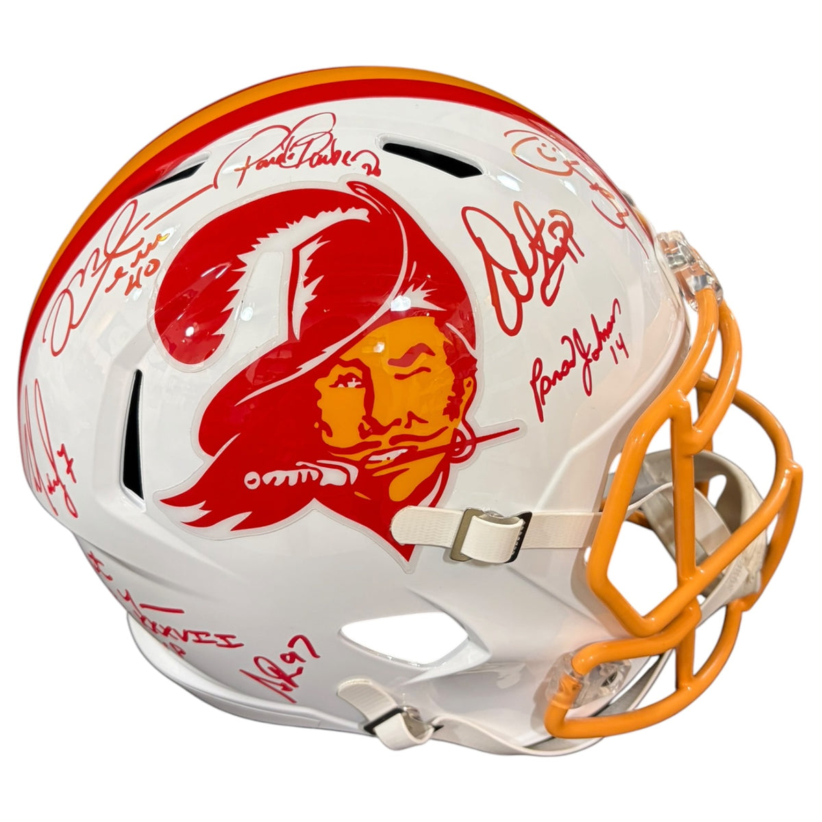 Tampa Bay Buccaneers Super Bowl XXXVII Champs Team Autographed Throwback White Deluxe Full-Size Replica Helmet - 16 Autographs