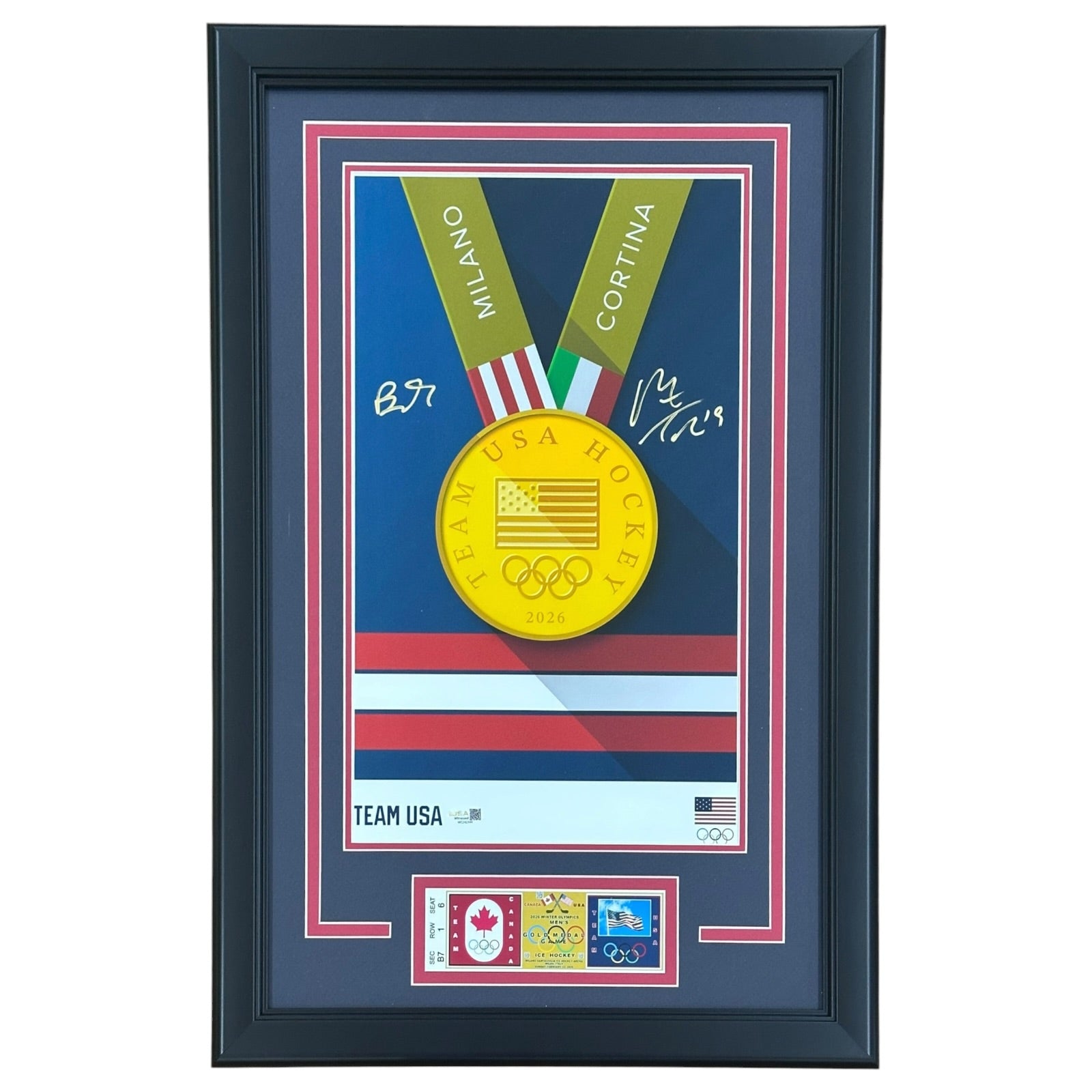 Matthew Tkachuk & Brady Tkachuk Autographed Deluxe Framed Olympics Gold Medal Minimalist Poster Print w/ Replica Ticket - JSA
