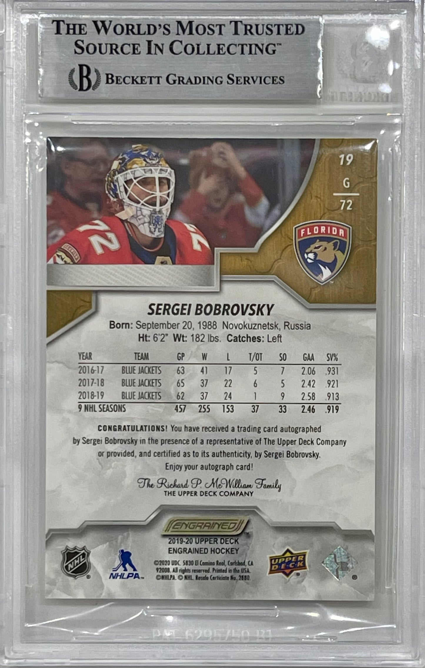 Sergei Bobrovsky Signed 2019-20 Upper Deck Engrained Autographs Card - Beckett